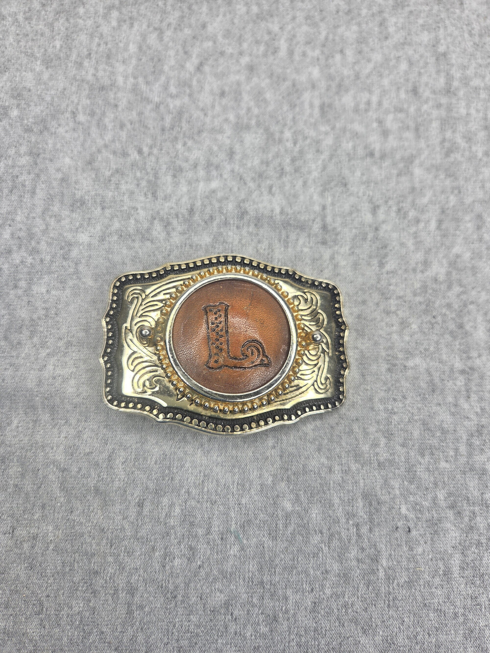 Vintage Hand Tooled Leather Initial L Belt Buckle Southwestern Filigree